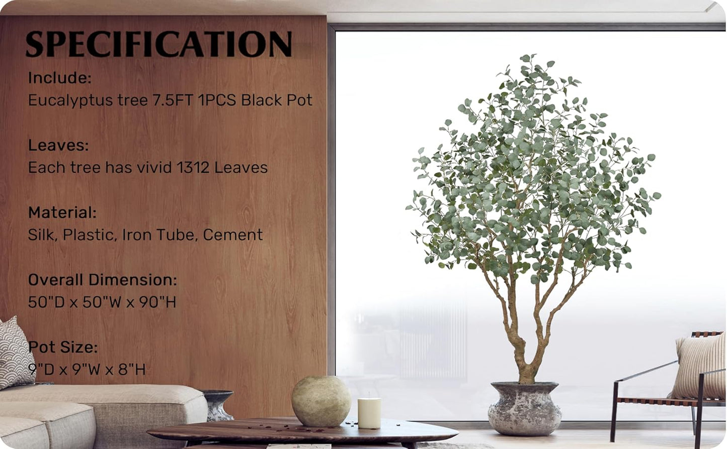 Artificial Eucalyptus Tree 7.2FT with 1300 Leaves Realistic Tall Large Fake Faux Plant 86 Inch Black Pot for Indoor Home Office Porch Mall Hotel Restaurant School Decor Housewarming Gifts