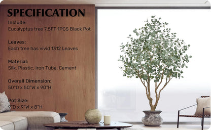 Artificial Eucalyptus Tree 7.2FT with 1300 Leaves Realistic Tall Large Fake Faux Plant 86 Inch Black Pot for Indoor Home Office Porch Mall Hotel Restaurant School Decor Housewarming Gifts