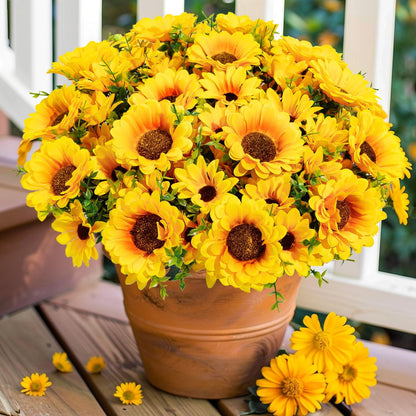 Artificial Sunflowers for Outdoors, 10 Bundles Fake Silk Sunflowers with Eucalyptus Leaves UV Resistant for Home Outside Front Door Porch Planters Garden Balcony Yard Patio Wedding Party Decor