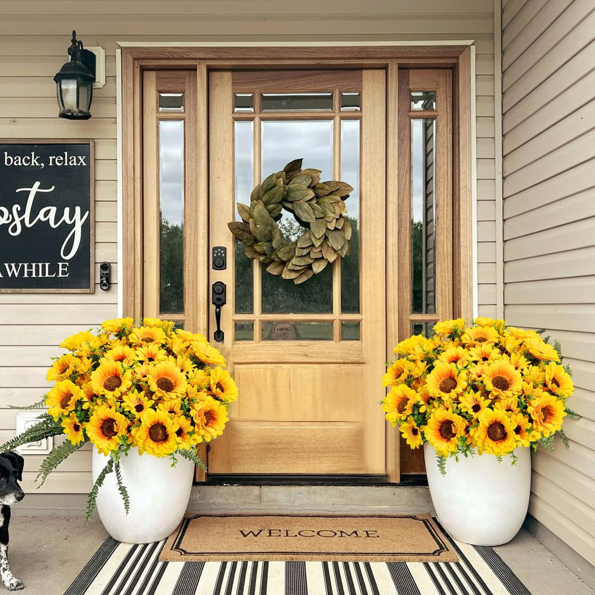 Artificial Sunflowers for Outdoors, 10 Bundles Fake Silk Sunflowers with Eucalyptus Leaves UV Resistant for Home Outside Front Door Porch Planters Garden Balcony Yard Patio Wedding Party Decor