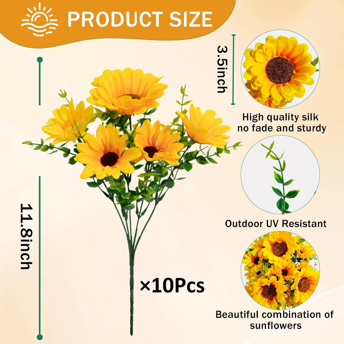 Artificial Sunflowers for Outdoors, 10 Bundles Fake Silk Sunflowers with Eucalyptus Leaves UV Resistant for Home Outside Front Door Porch Planters Garden Balcony Yard Patio Wedding Party Decor