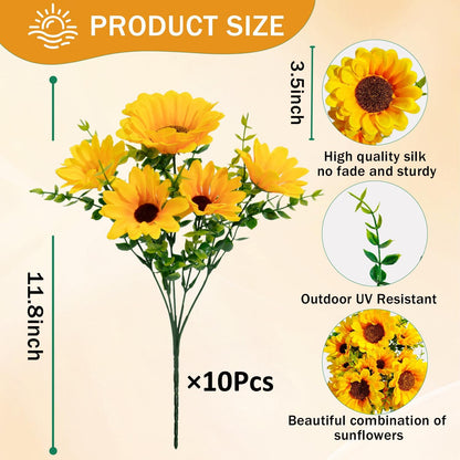 Artificial Sunflowers for Outdoors, 10 Bundles Fake Silk Sunflowers with Eucalyptus Leaves UV Resistant for Home Outside Front Door Porch Planters Garden Balcony Yard Patio Wedding Party Decor