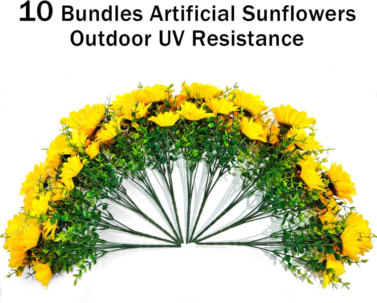 Artificial Sunflowers for Outdoors, 10 Bundles Fake Silk Sunflowers with Eucalyptus Leaves UV Resistant for Home Outside Front Door Porch Planters Garden Balcony Yard Patio Wedding Party Decor