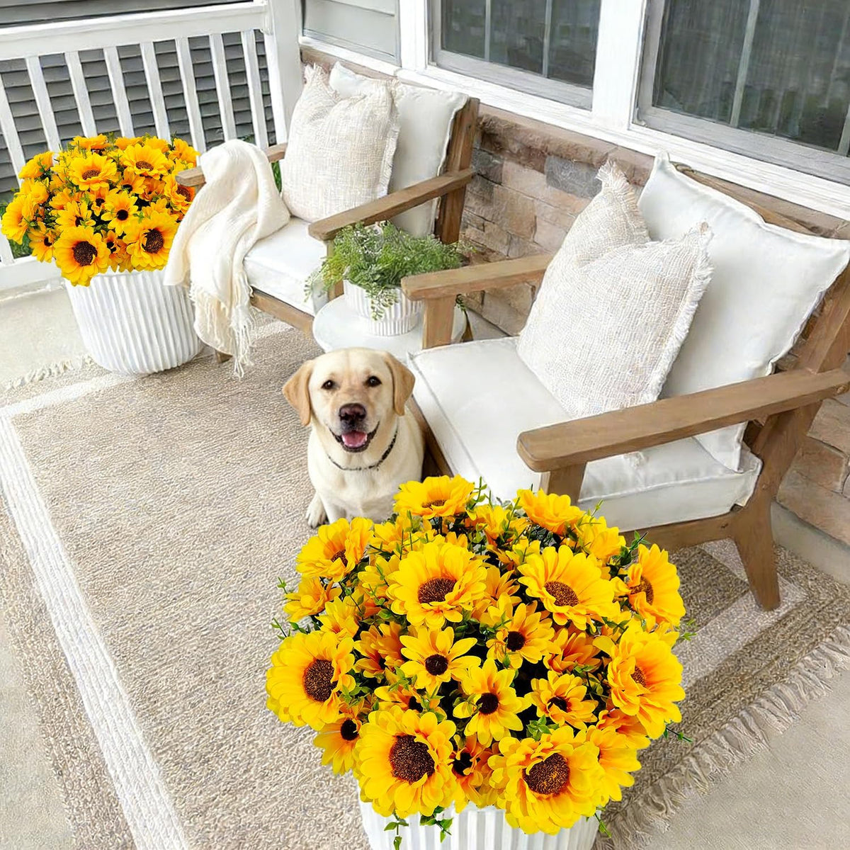 Artificial Sunflowers for Outdoors, 10 Bundles Fake Silk Sunflowers with Eucalyptus Leaves UV Resistant for Home Outside Front Door Porch Planters Garden Balcony Yard Patio Wedding Party Decor