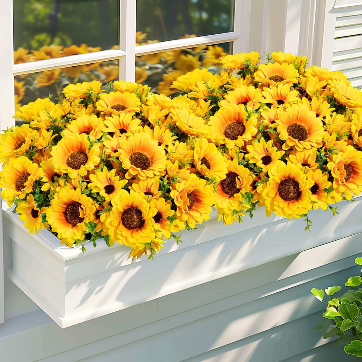 Artificial Sunflowers for Outdoors, 10 Bundles Fake Silk Sunflowers with Eucalyptus Leaves UV Resistant for Home Outside Front Door Porch Planters Garden Balcony Yard Patio Wedding Party Decor