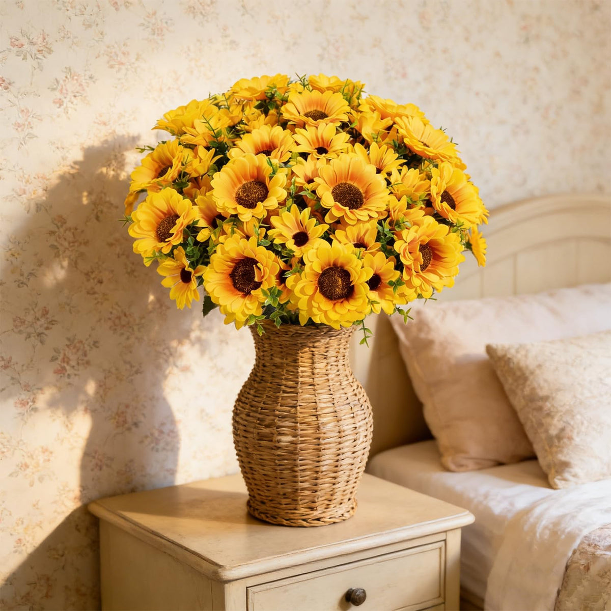 Artificial Sunflowers for Outdoors, 10 Bundles Fake Silk Sunflowers with Eucalyptus Leaves UV Resistant for Home Outside Front Door Porch Planters Garden Balcony Yard Patio Wedding Party Decor
