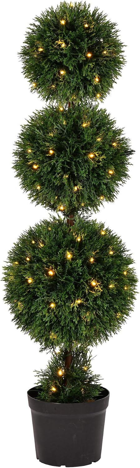 Everyday 4 Foot Tall Artificial Pre-Lit Cedar Topiary Triple Ball Tree - UV Resistant Indoor Outdoor - Potted Natural Green - Home Patio Porch Faux Decor