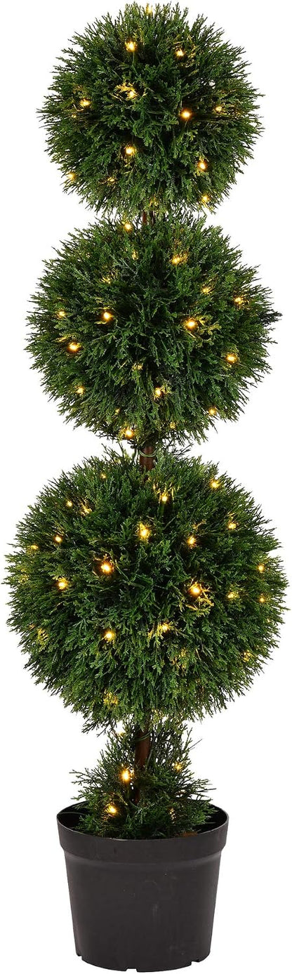 Everyday 4 Foot Tall Artificial Pre-Lit Cedar Topiary Triple Ball Tree - UV Resistant Indoor Outdoor - Potted Natural Green - Home Patio Porch Faux Decor