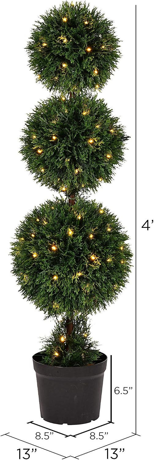 Everyday 4 Foot Tall Artificial Pre-Lit Cedar Topiary Triple Ball Tree - UV Resistant Indoor Outdoor - Potted Natural Green - Home Patio Porch Faux Decor