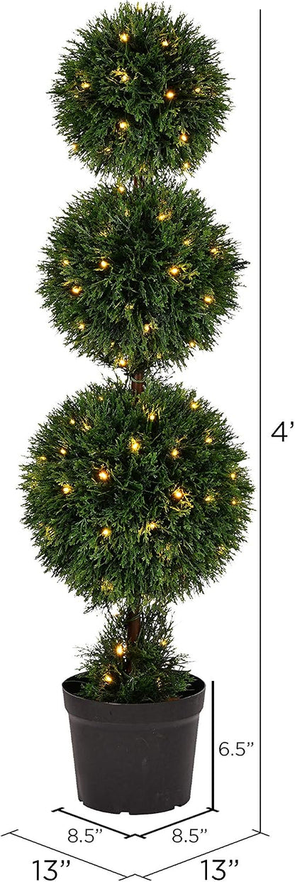 Everyday 4 Foot Tall Artificial Pre-Lit Cedar Topiary Triple Ball Tree - UV Resistant Indoor Outdoor - Potted Natural Green - Home Patio Porch Faux Decor