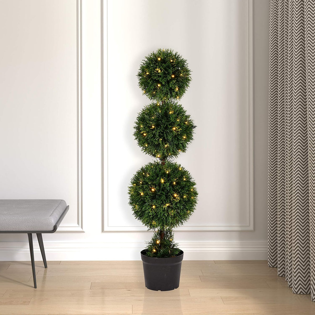 Everyday 4 Foot Tall Artificial Pre-Lit Cedar Topiary Triple Ball Tree - UV Resistant Indoor Outdoor - Potted Natural Green - Home Patio Porch Faux Decor