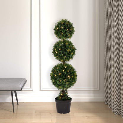 Everyday 4 Foot Tall Artificial Pre-Lit Cedar Topiary Triple Ball Tree - UV Resistant Indoor Outdoor - Potted Natural Green - Home Patio Porch Faux Decor