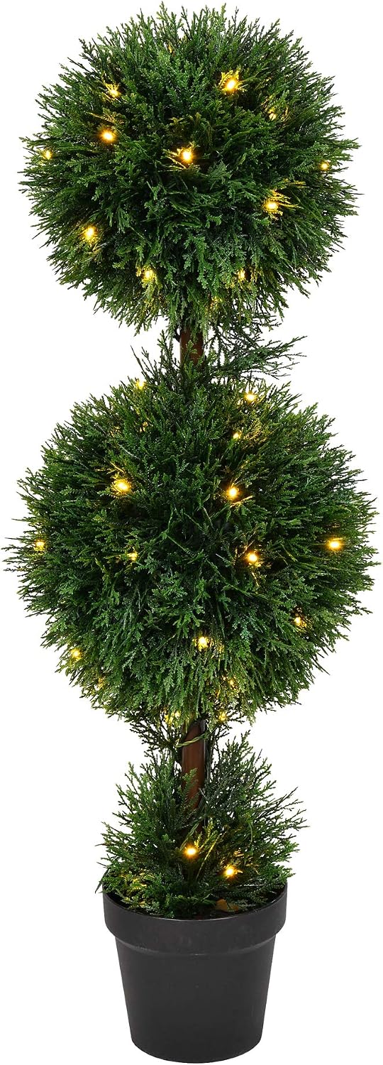 Everyday 4 Foot Tall Artificial Pre-Lit Cedar Topiary Triple Ball Tree - UV Resistant Indoor Outdoor - Potted Natural Green - Home Patio Porch Faux Decor