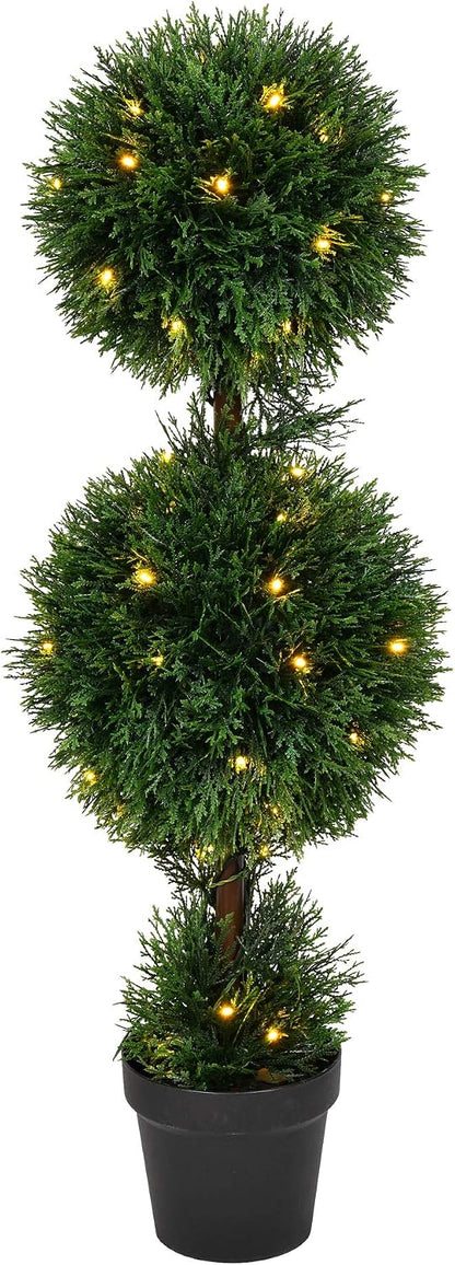 Everyday 4 Foot Tall Artificial Pre-Lit Cedar Topiary Triple Ball Tree - UV Resistant Indoor Outdoor - Potted Natural Green - Home Patio Porch Faux Decor