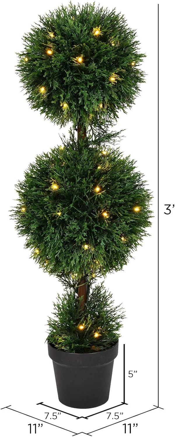 Everyday 4 Foot Tall Artificial Pre-Lit Cedar Topiary Triple Ball Tree - UV Resistant Indoor Outdoor - Potted Natural Green - Home Patio Porch Faux Decor
