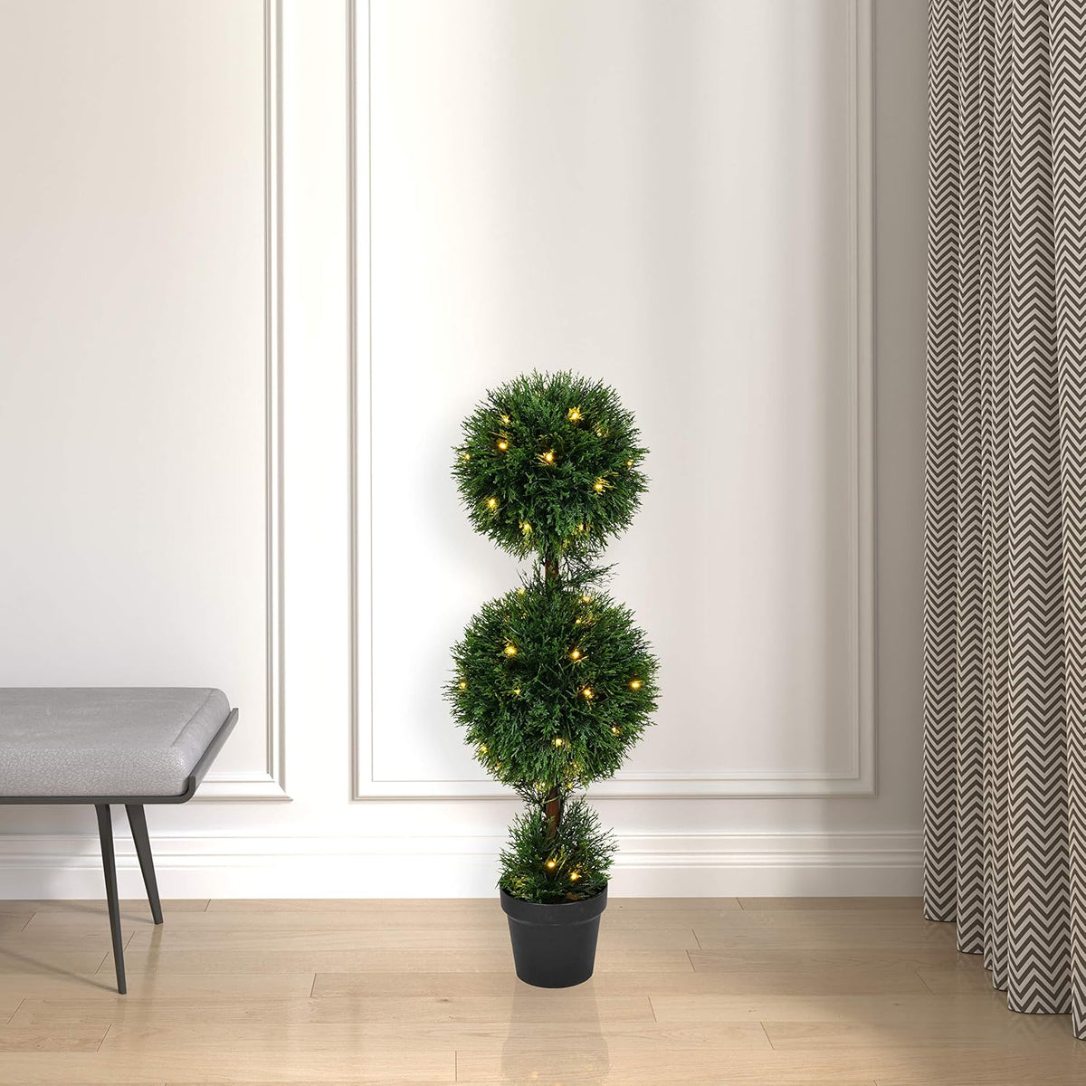Everyday 4 Foot Tall Artificial Pre-Lit Cedar Topiary Triple Ball Tree - UV Resistant Indoor Outdoor - Potted Natural Green - Home Patio Porch Faux Decor
