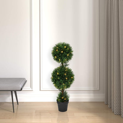 Everyday 4 Foot Tall Artificial Pre-Lit Cedar Topiary Triple Ball Tree - UV Resistant Indoor Outdoor - Potted Natural Green - Home Patio Porch Faux Decor