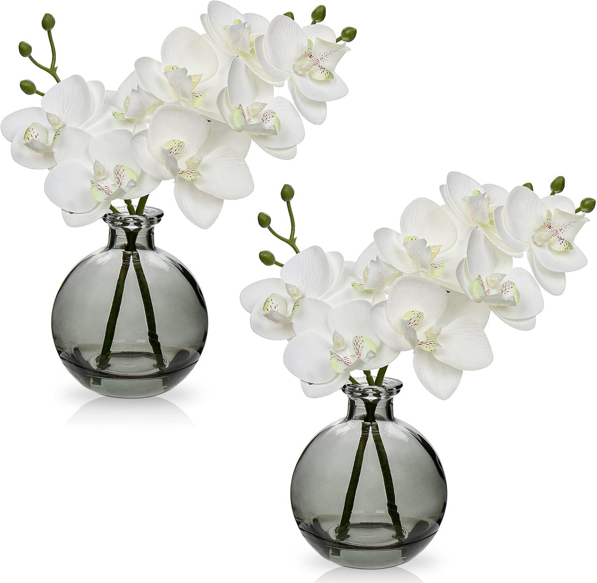 White Orchids Artificial Flowers Faux Orchid Arrangement with Black Glass Vase Set of 2 Real Touch Phalaenopsis Orchid Flowers Orchid Centerpiece for Dining Room Table