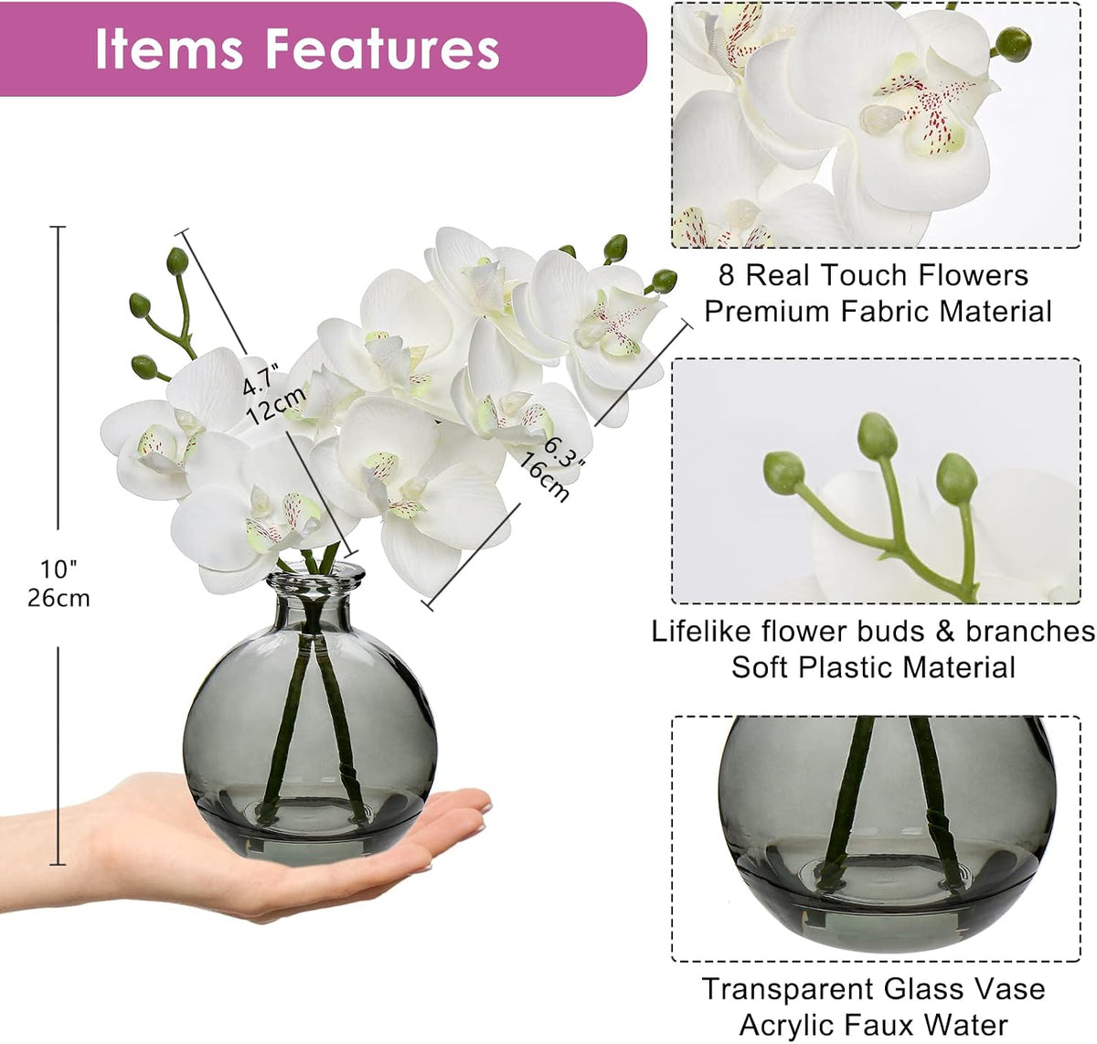 White Orchids Artificial Flowers Faux Orchid Arrangement with Black Glass Vase Set of 2 Real Touch Phalaenopsis Orchid Flowers Orchid Centerpiece for Dining Room Table