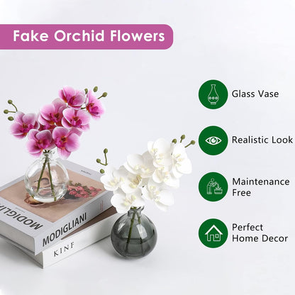 White Orchids Artificial Flowers Faux Orchid Arrangement with Black Glass Vase Set of 2 Real Touch Phalaenopsis Orchid Flowers Orchid Centerpiece for Dining Room Table