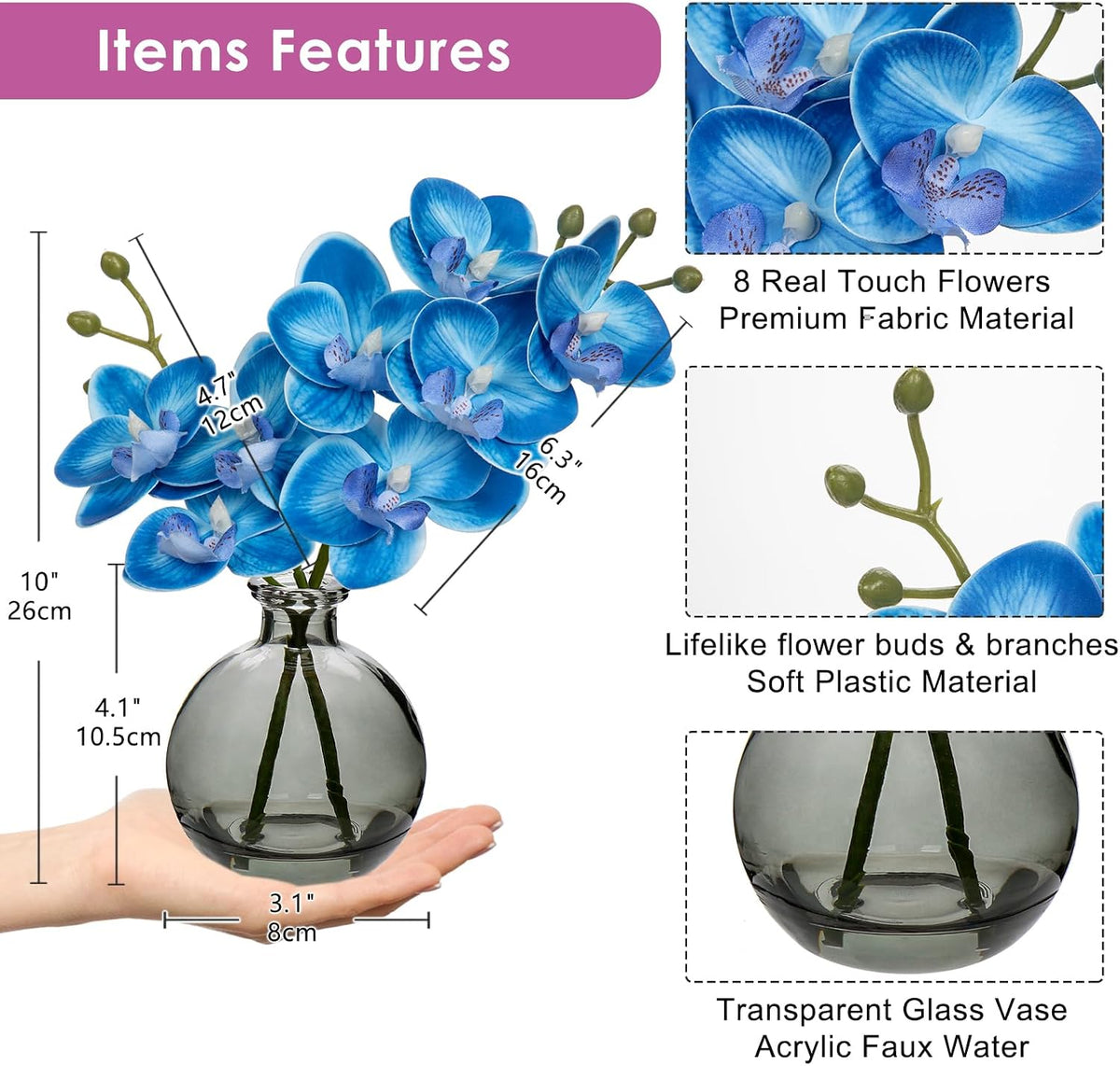 White Orchids Artificial Flowers Faux Orchid Arrangement with Black Glass Vase Set of 2 Real Touch Phalaenopsis Orchid Flowers Orchid Centerpiece for Dining Room Table
