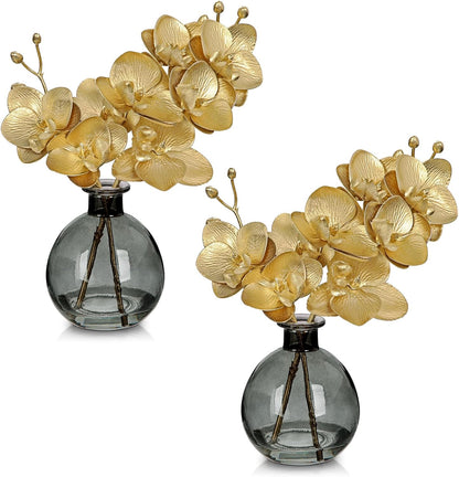 White Orchids Artificial Flowers Faux Orchid Arrangement with Black Glass Vase Set of 2 Real Touch Phalaenopsis Orchid Flowers Orchid Centerpiece for Dining Room Table