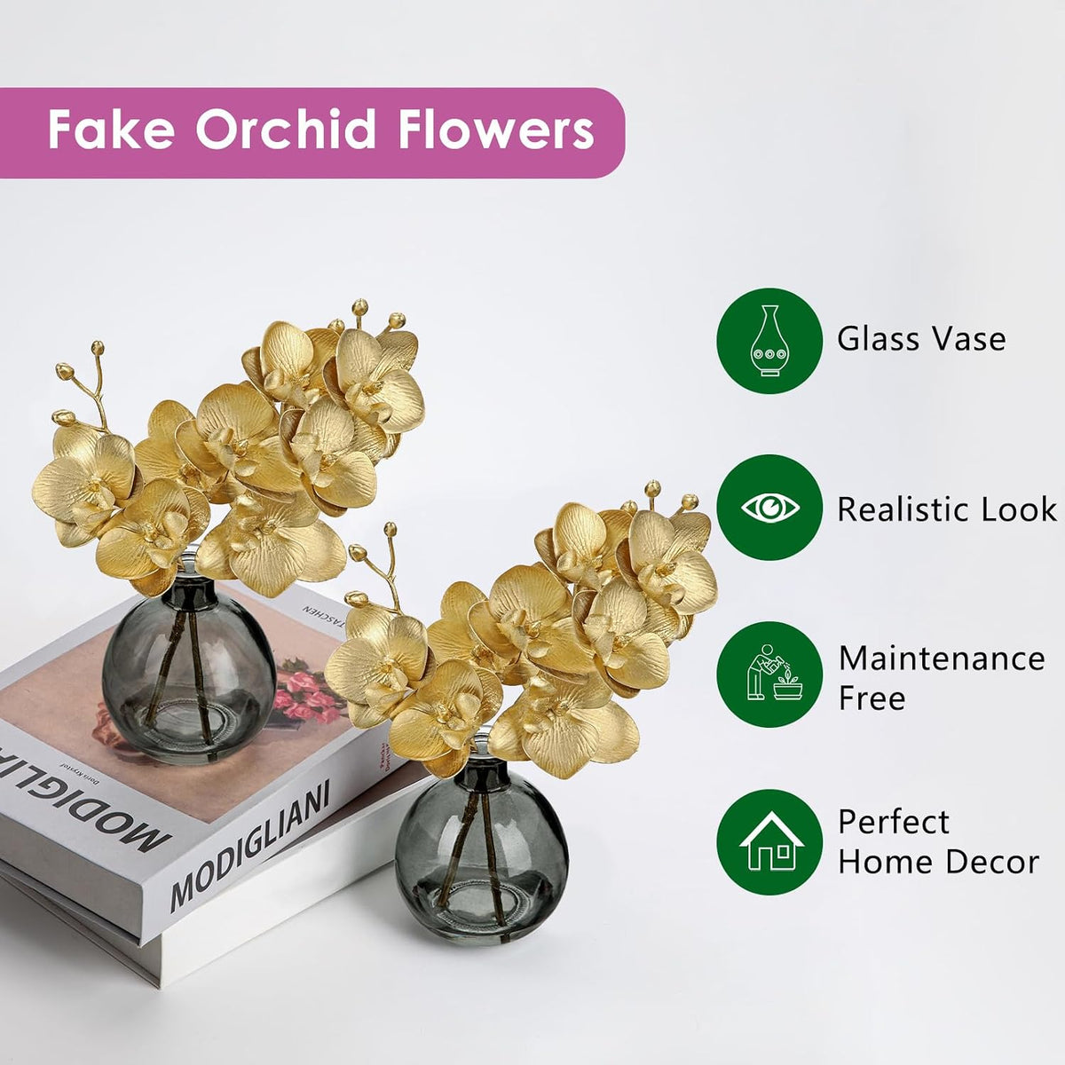 White Orchids Artificial Flowers Faux Orchid Arrangement with Black Glass Vase Set of 2 Real Touch Phalaenopsis Orchid Flowers Orchid Centerpiece for Dining Room Table
