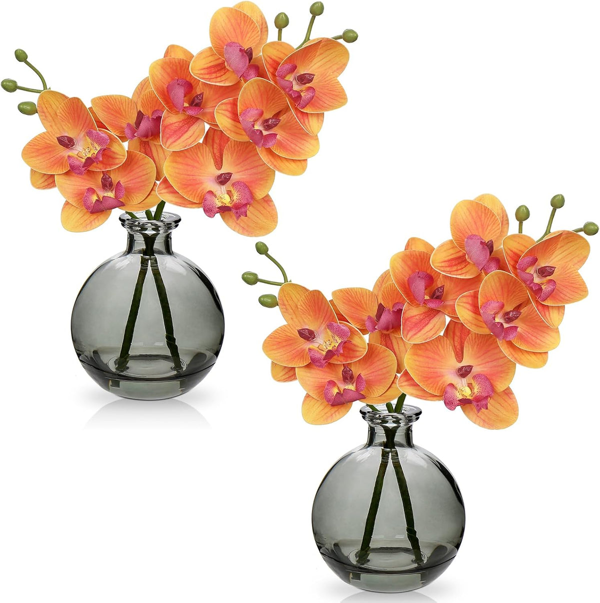 White Orchids Artificial Flowers Faux Orchid Arrangement with Black Glass Vase Set of 2 Real Touch Phalaenopsis Orchid Flowers Orchid Centerpiece for Dining Room Table