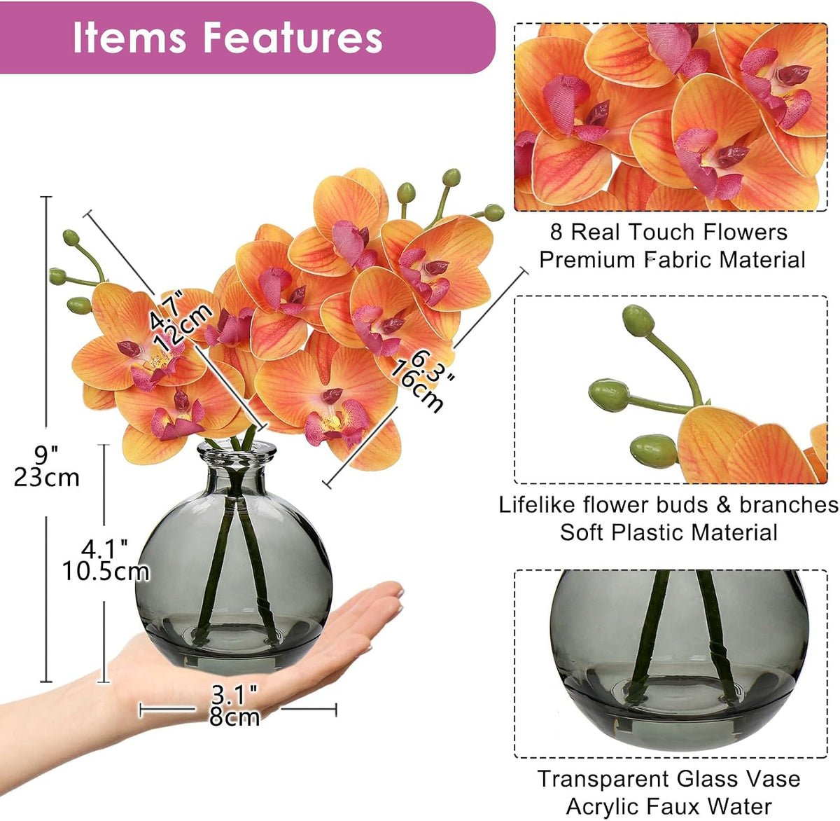 White Orchids Artificial Flowers Faux Orchid Arrangement with Black Glass Vase Set of 2 Real Touch Phalaenopsis Orchid Flowers Orchid Centerpiece for Dining Room Table
