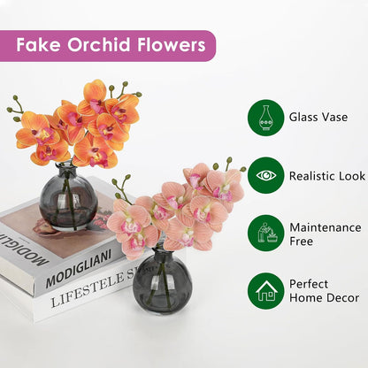 White Orchids Artificial Flowers Faux Orchid Arrangement with Black Glass Vase Set of 2 Real Touch Phalaenopsis Orchid Flowers Orchid Centerpiece for Dining Room Table