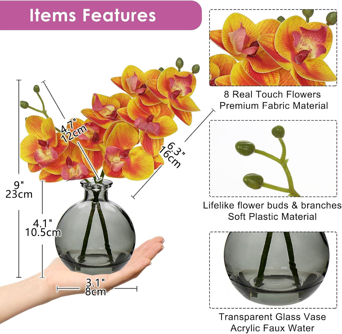 White Orchids Artificial Flowers Faux Orchid Arrangement with Black Glass Vase Set of 2 Real Touch Phalaenopsis Orchid Flowers Orchid Centerpiece for Dining Room Table