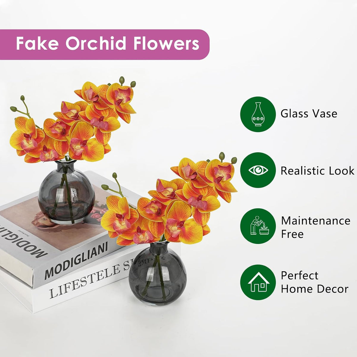 White Orchids Artificial Flowers Faux Orchid Arrangement with Black Glass Vase Set of 2 Real Touch Phalaenopsis Orchid Flowers Orchid Centerpiece for Dining Room Table