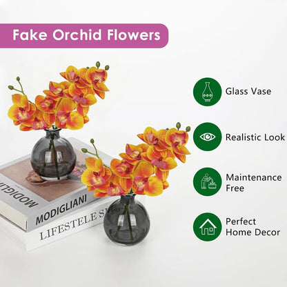 White Orchids Artificial Flowers Faux Orchid Arrangement with Black Glass Vase Set of 2 Real Touch Phalaenopsis Orchid Flowers Orchid Centerpiece for Dining Room Table