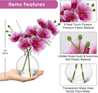 White Orchids Artificial Flowers Faux Orchid Arrangement with Black Glass Vase Set of 2 Real Touch Phalaenopsis Orchid Flowers Orchid Centerpiece for Dining Room Table