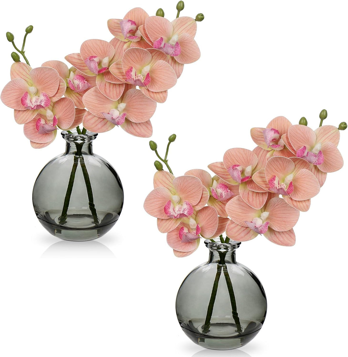 White Orchids Artificial Flowers Faux Orchid Arrangement with Black Glass Vase Set of 2 Real Touch Phalaenopsis Orchid Flowers Orchid Centerpiece for Dining Room Table