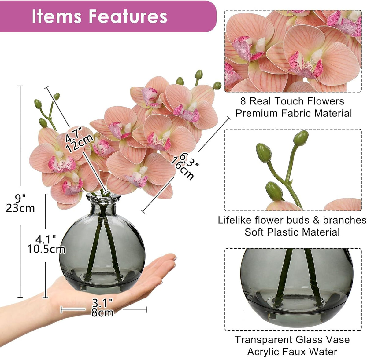 White Orchids Artificial Flowers Faux Orchid Arrangement with Black Glass Vase Set of 2 Real Touch Phalaenopsis Orchid Flowers Orchid Centerpiece for Dining Room Table