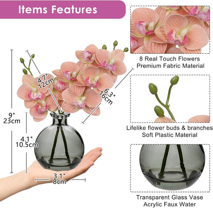White Orchids Artificial Flowers Faux Orchid Arrangement with Black Glass Vase Set of 2 Real Touch Phalaenopsis Orchid Flowers Orchid Centerpiece for Dining Room Table