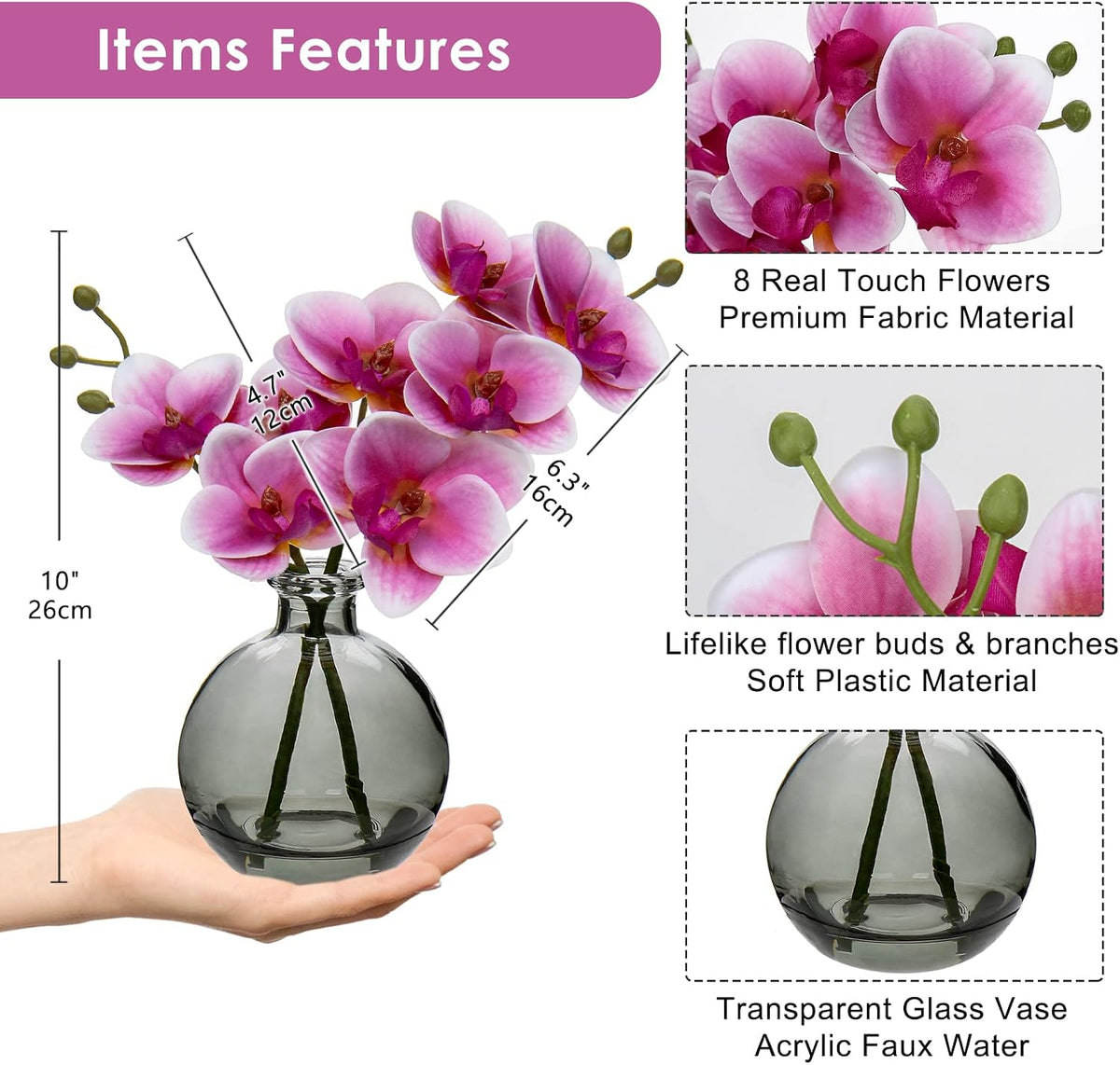 White Orchids Artificial Flowers Faux Orchid Arrangement with Black Glass Vase Set of 2 Real Touch Phalaenopsis Orchid Flowers Orchid Centerpiece for Dining Room Table