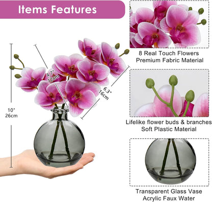 White Orchids Artificial Flowers Faux Orchid Arrangement with Black Glass Vase Set of 2 Real Touch Phalaenopsis Orchid Flowers Orchid Centerpiece for Dining Room Table