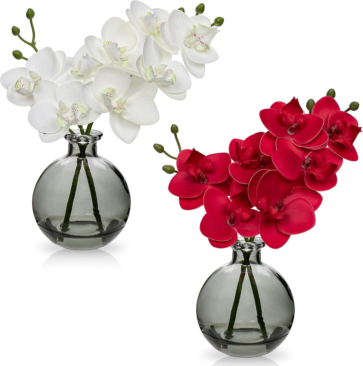 White Orchids Artificial Flowers Faux Orchid Arrangement with Black Glass Vase Set of 2 Real Touch Phalaenopsis Orchid Flowers Orchid Centerpiece for Dining Room Table