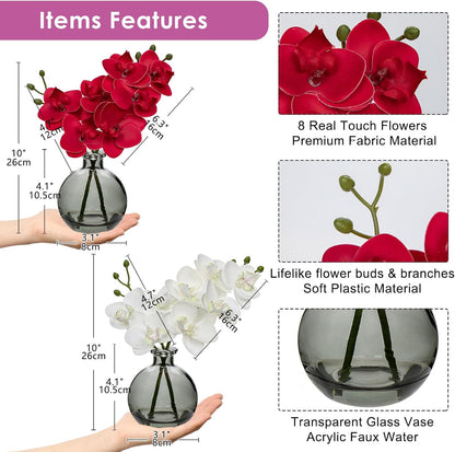 White Orchids Artificial Flowers Faux Orchid Arrangement with Black Glass Vase Set of 2 Real Touch Phalaenopsis Orchid Flowers Orchid Centerpiece for Dining Room Table