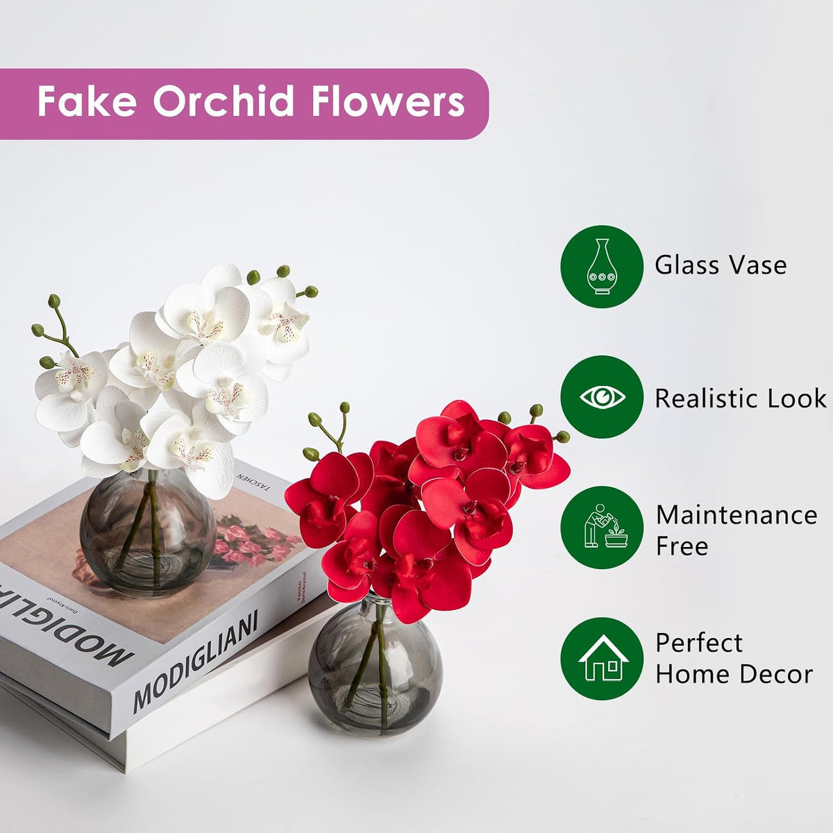 White Orchids Artificial Flowers Faux Orchid Arrangement with Black Glass Vase Set of 2 Real Touch Phalaenopsis Orchid Flowers Orchid Centerpiece for Dining Room Table