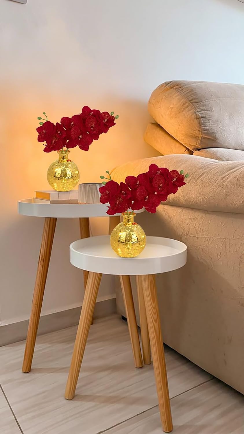 White Orchids Artificial Flowers Faux Orchid Arrangement with Black Glass Vase Set of 2 Real Touch Phalaenopsis Orchid Flowers Orchid Centerpiece for Dining Room Table