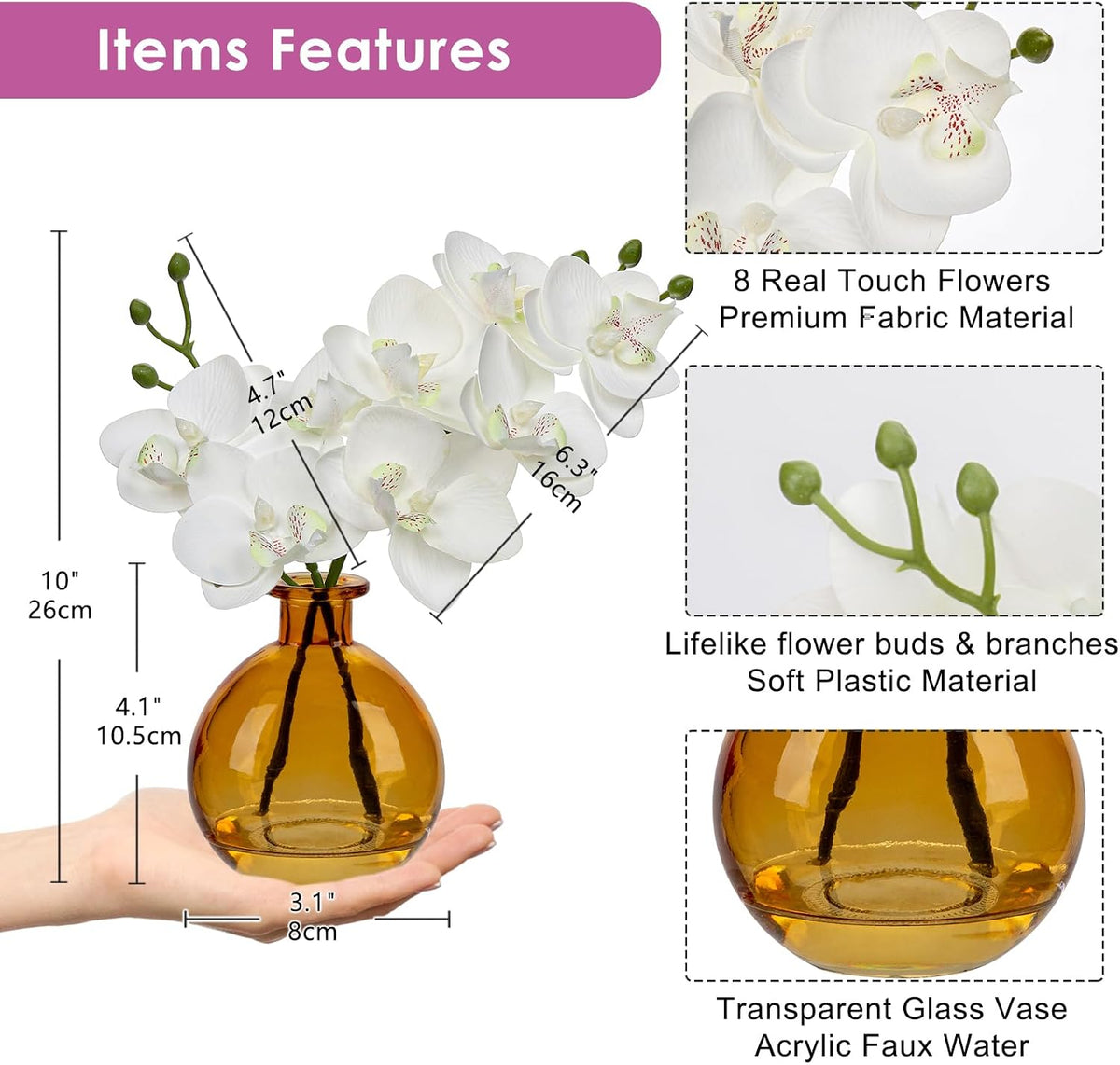 White Orchids Artificial Flowers Faux Orchid Arrangement with Black Glass Vase Set of 2 Real Touch Phalaenopsis Orchid Flowers Orchid Centerpiece for Dining Room Table