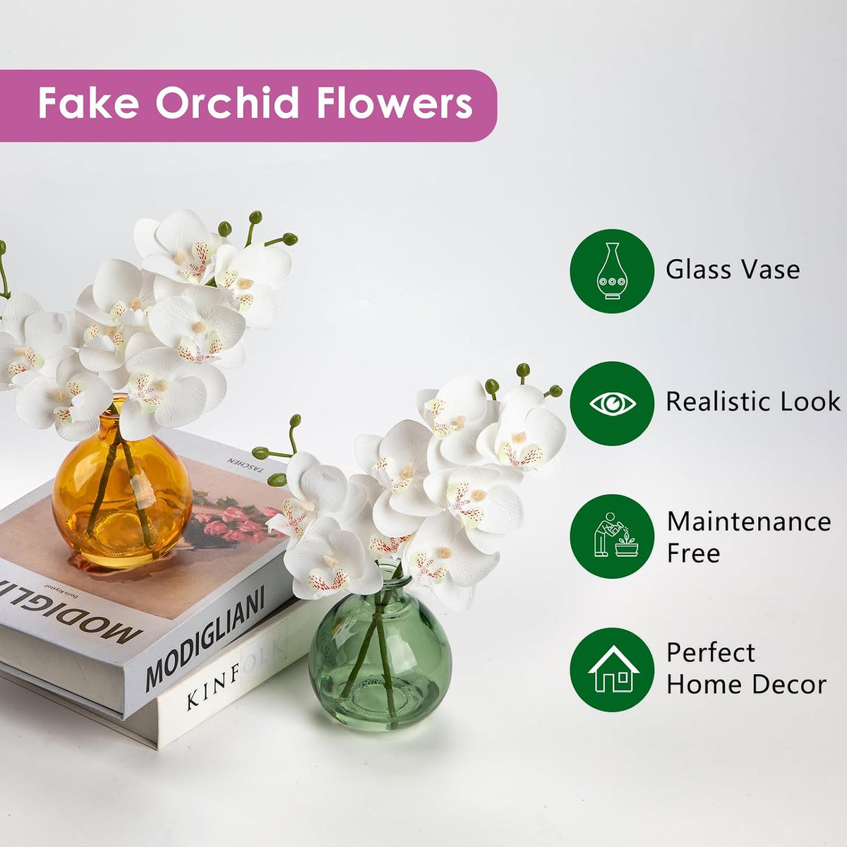 White Orchids Artificial Flowers Faux Orchid Arrangement with Black Glass Vase Set of 2 Real Touch Phalaenopsis Orchid Flowers Orchid Centerpiece for Dining Room Table