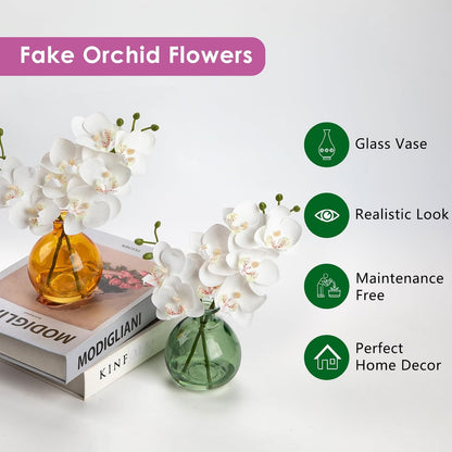 White Orchids Artificial Flowers Faux Orchid Arrangement with Black Glass Vase Set of 2 Real Touch Phalaenopsis Orchid Flowers Orchid Centerpiece for Dining Room Table
