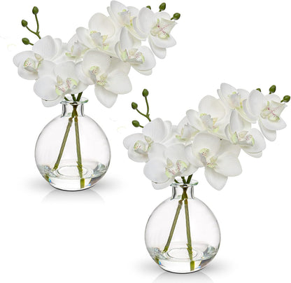 White Orchids Artificial Flowers Faux Orchid Arrangement with Black Glass Vase Set of 2 Real Touch Phalaenopsis Orchid Flowers Orchid Centerpiece for Dining Room Table
