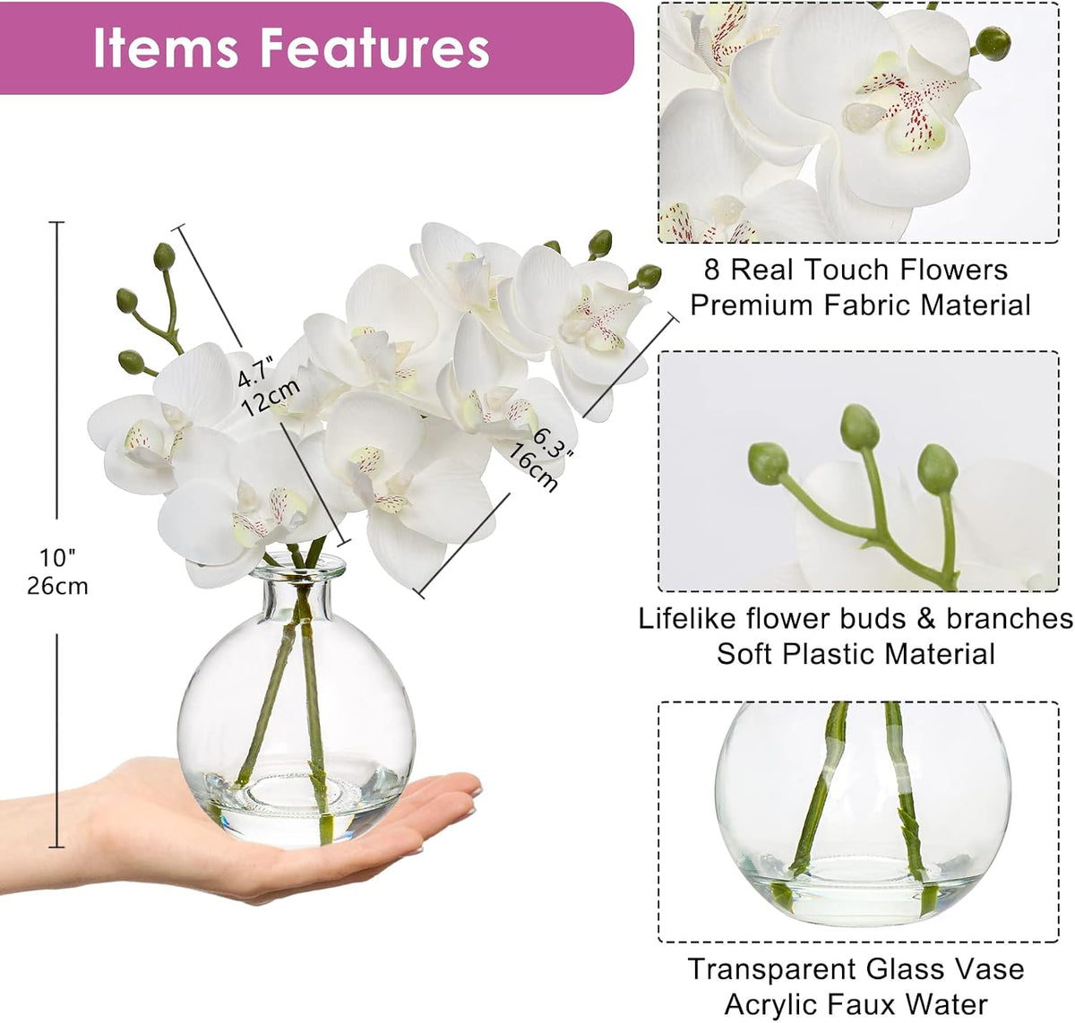 White Orchids Artificial Flowers Faux Orchid Arrangement with Black Glass Vase Set of 2 Real Touch Phalaenopsis Orchid Flowers Orchid Centerpiece for Dining Room Table
