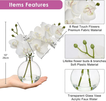 White Orchids Artificial Flowers Faux Orchid Arrangement with Black Glass Vase Set of 2 Real Touch Phalaenopsis Orchid Flowers Orchid Centerpiece for Dining Room Table