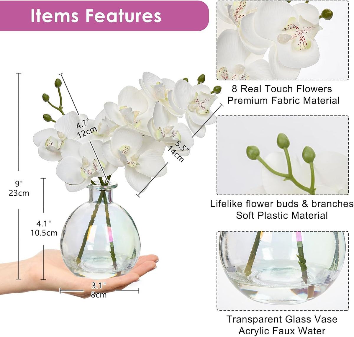 White Orchids Artificial Flowers Faux Orchid Arrangement with Black Glass Vase Set of 2 Real Touch Phalaenopsis Orchid Flowers Orchid Centerpiece for Dining Room Table